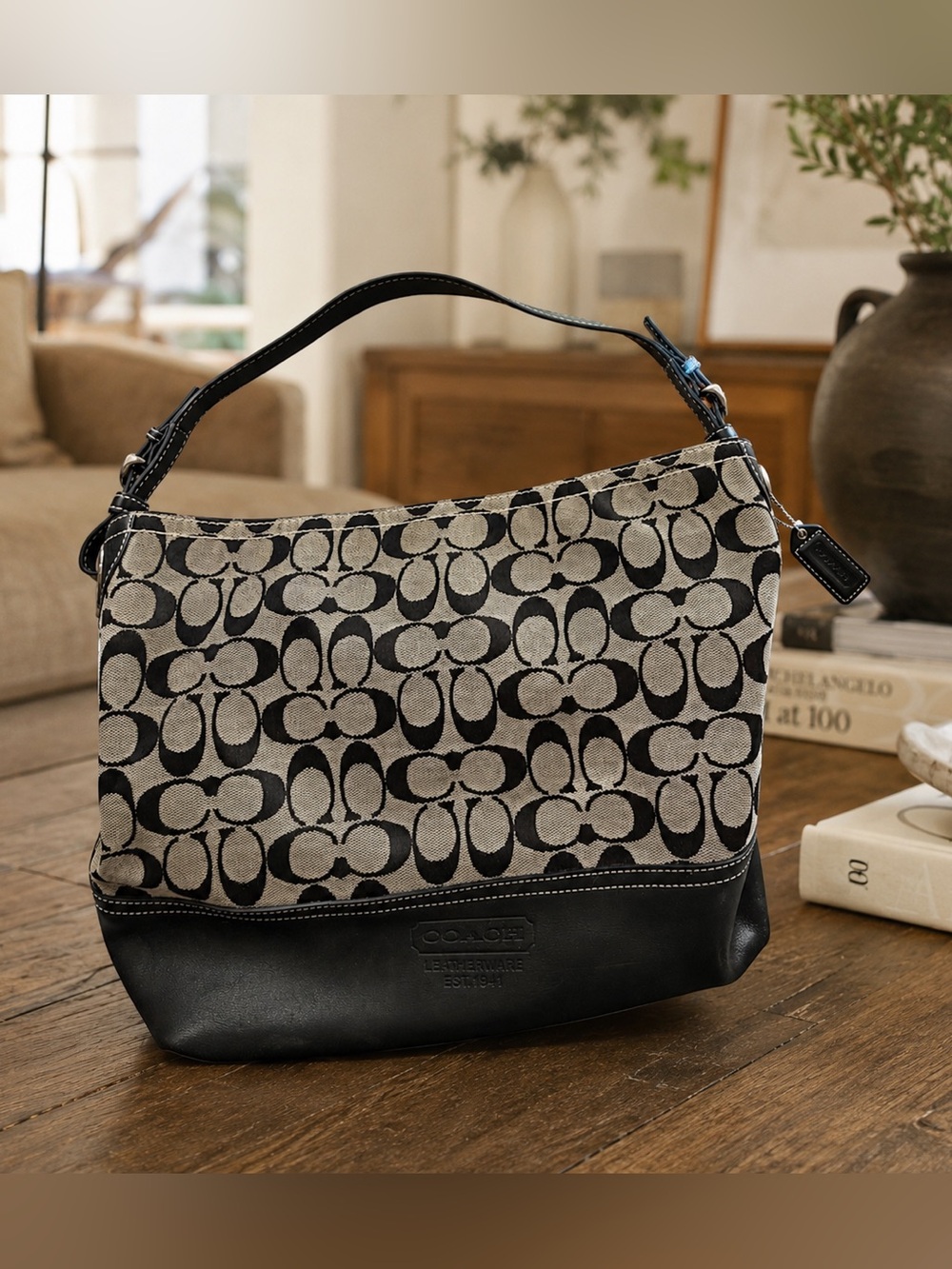 Coach Vintage Y2K Black Grey Canvas Leather Signature C Slouchy Hobo Bag Purse